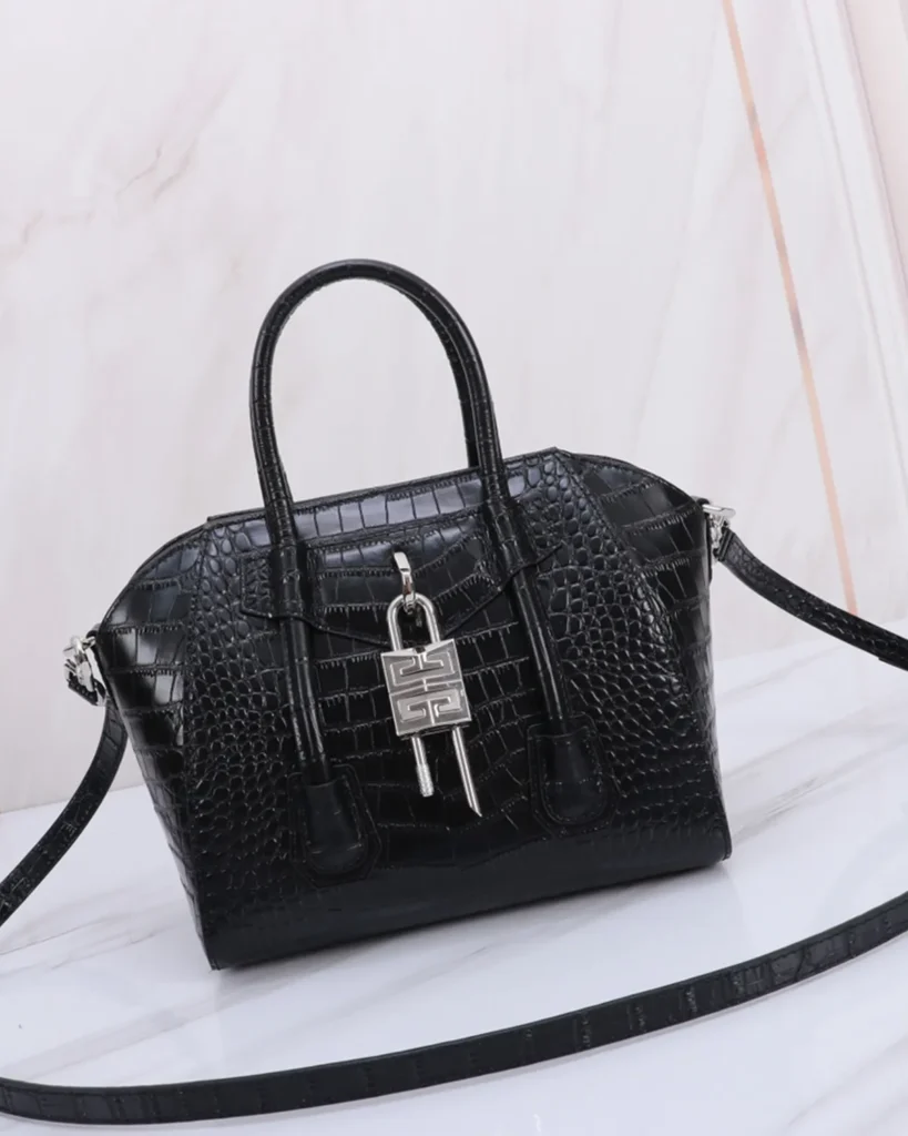 Black Scale-Texture Padlock Satchel — front styled