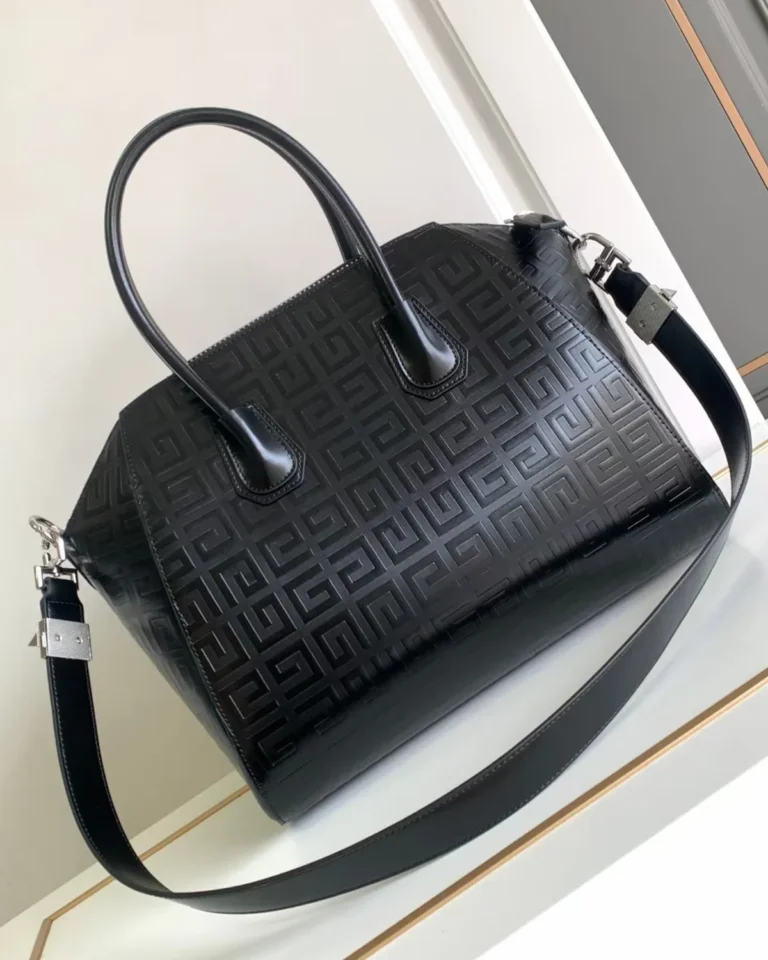 Black Geometric Embossed Twin-Handle Satchel — rear