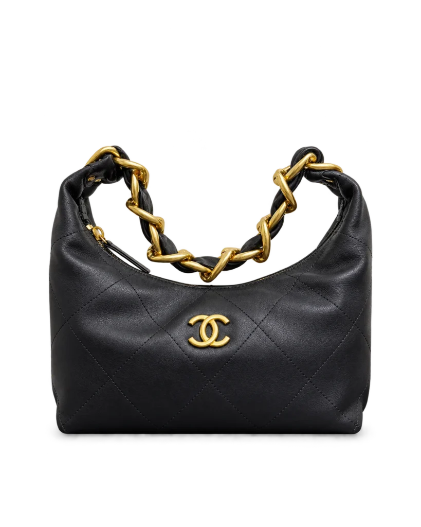 Black Quilted Chunky-Chain Hobo Bag — main view