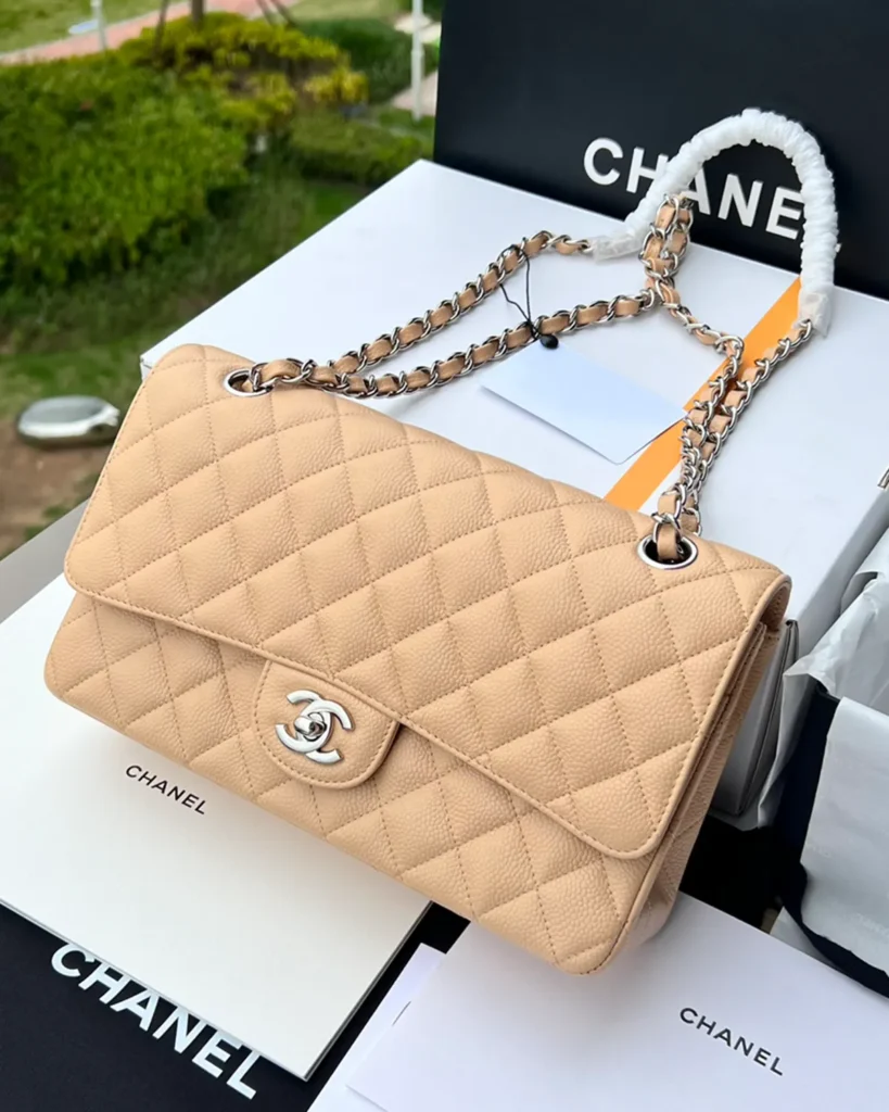 Beige Quilted Chain Flap Bag — angled front view