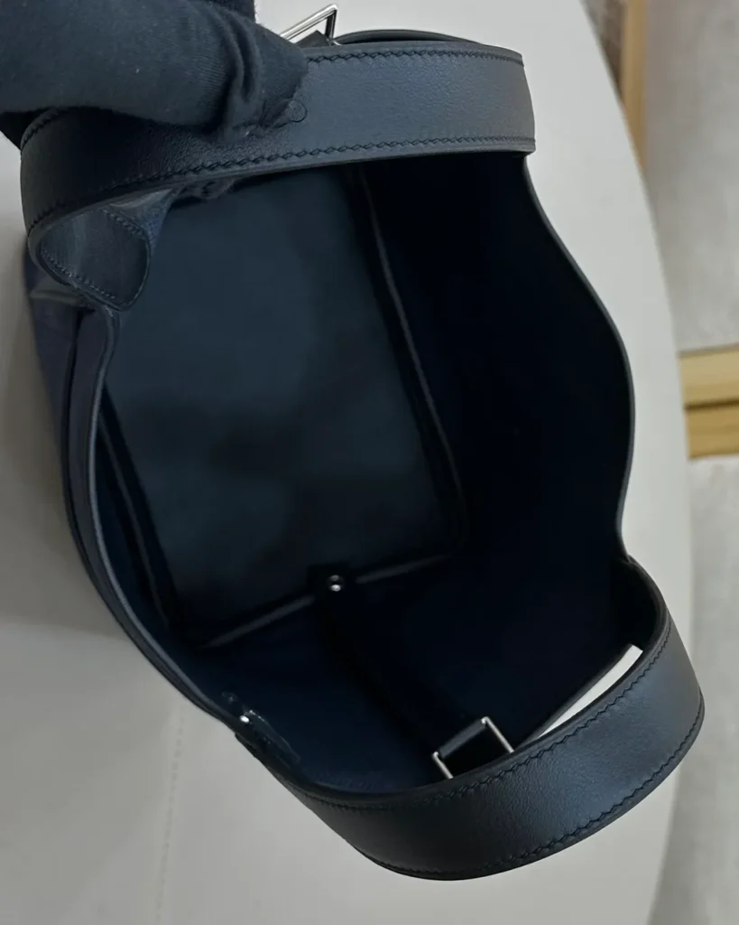 Picotin-Inspired Navy Textured Bucket Tote, interior viewed from above