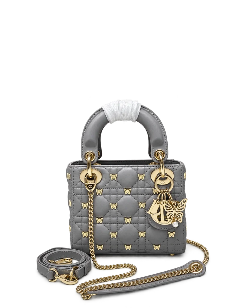 Gray Butterfly Stud Quilted Top Handle Bag — upright front view
