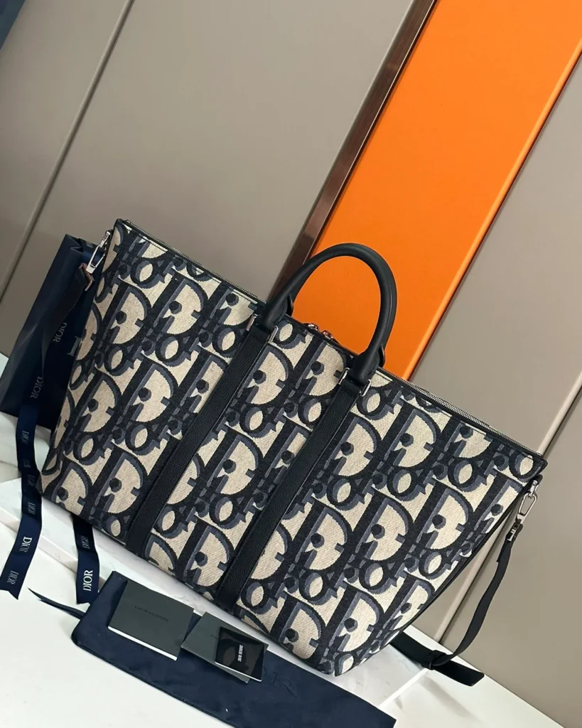 Beige Navy Monogram Zip Travel Tote — rear view