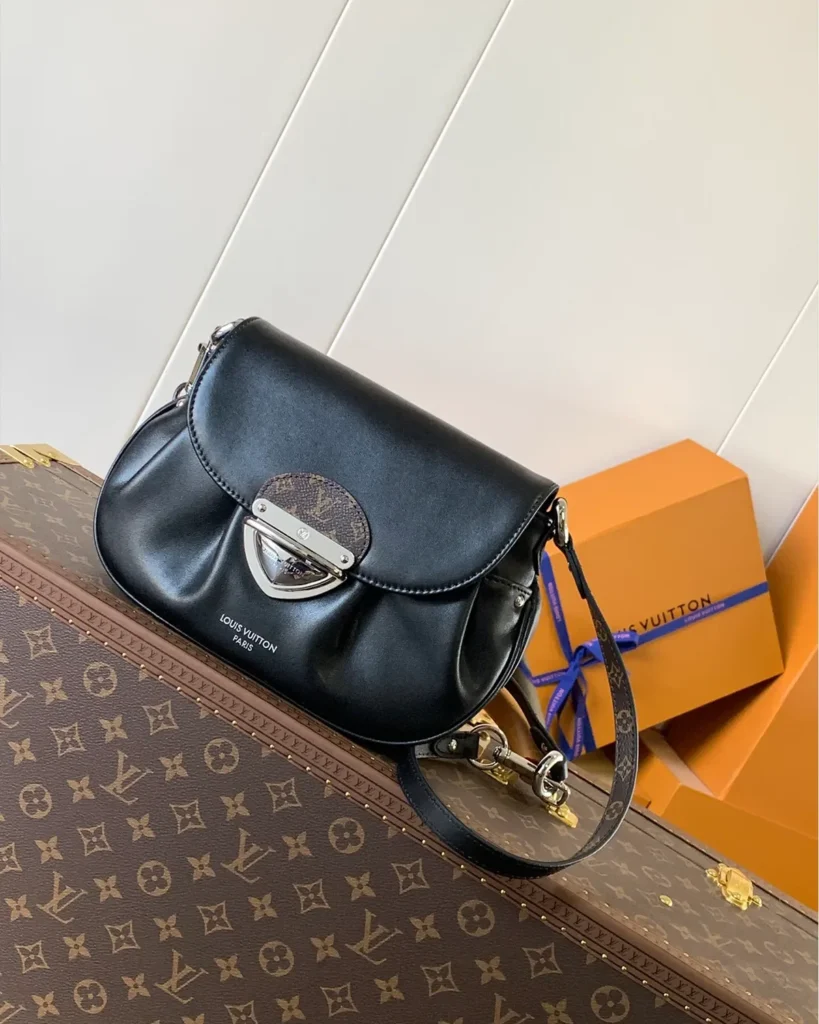 Black Gathered Flap Shoulder Bag — angled front view