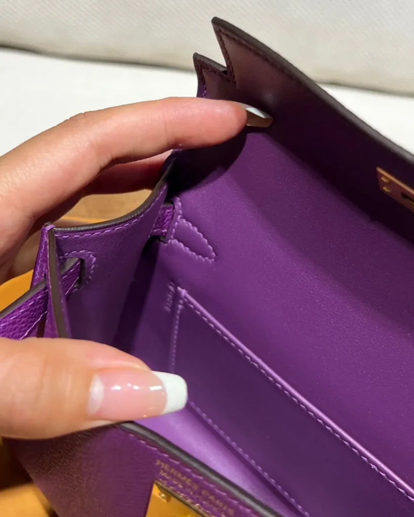 Kelly-Inspired Mini Anemone Purple Top-Handle Bag, interior side pocket