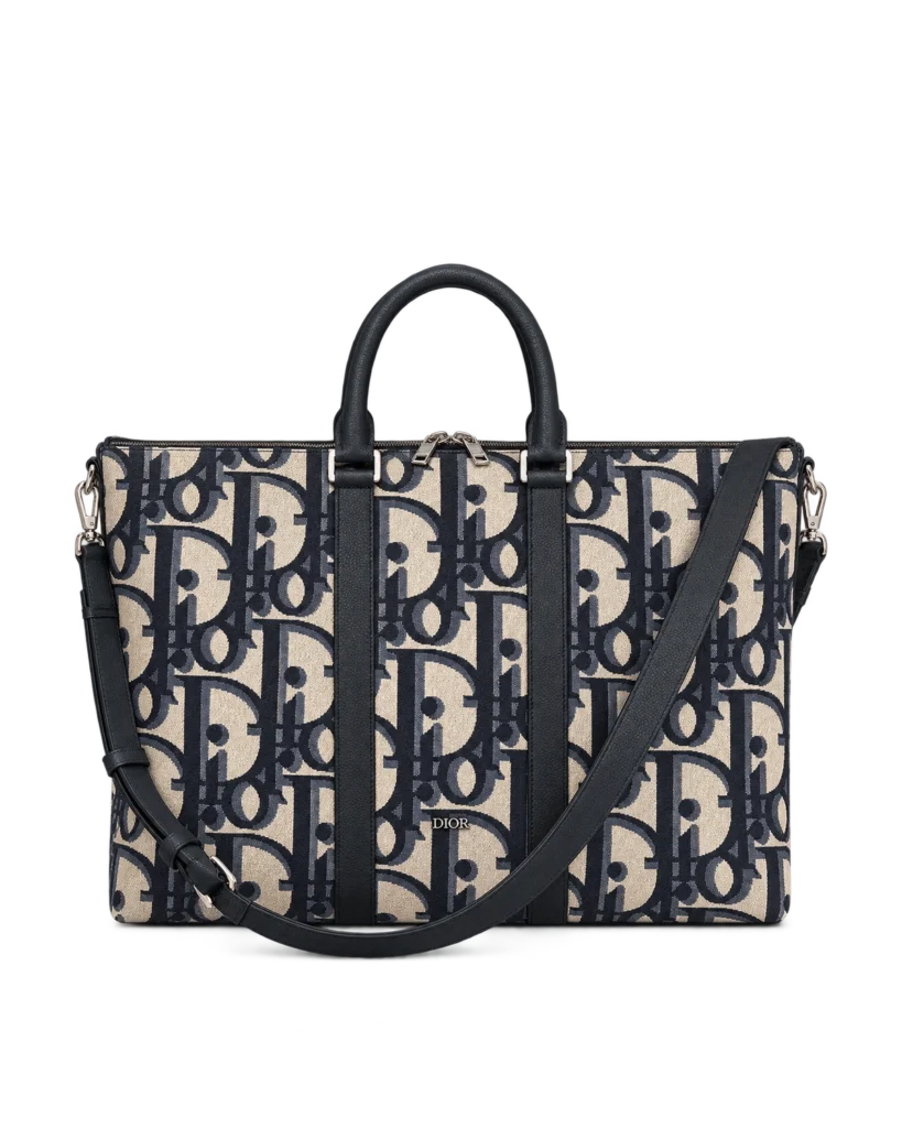 Beige Navy Monogram Zip Travel Tote — upright front view