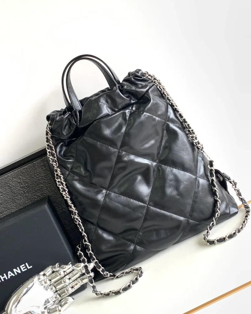 Glossy Black Quilted Gathered Tote — rear view