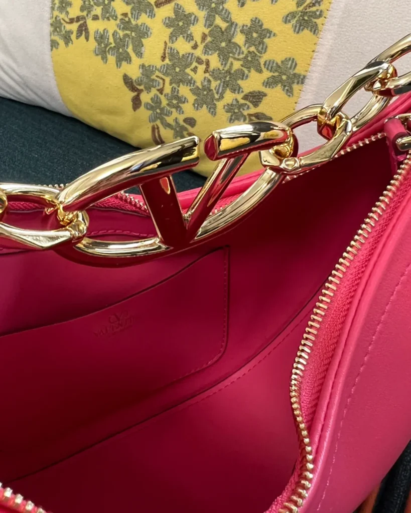 Bright Pink Crescent Chain Shoulder Bag — interior view