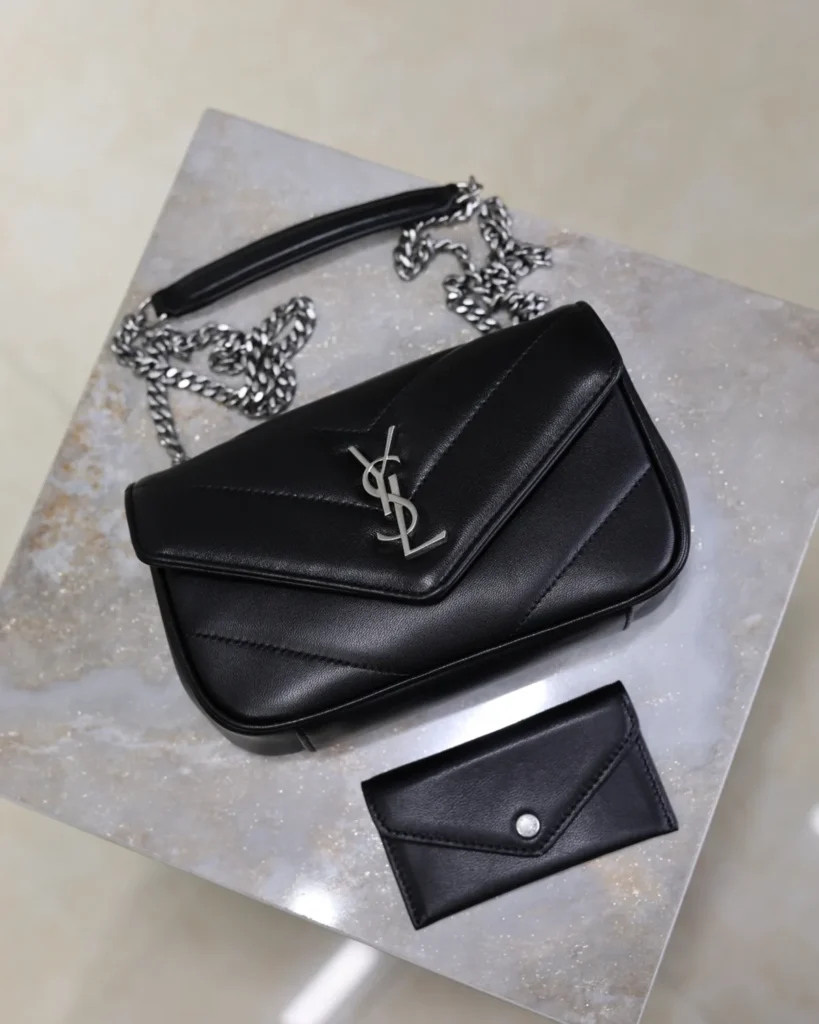 Black Chevron Flap Bag with Silver-Tone Chain — overhead view