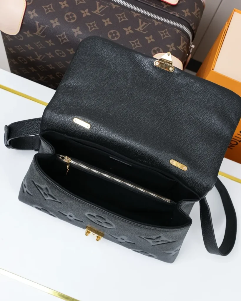 Black Embossed Flap Top Handle Bag — interior view