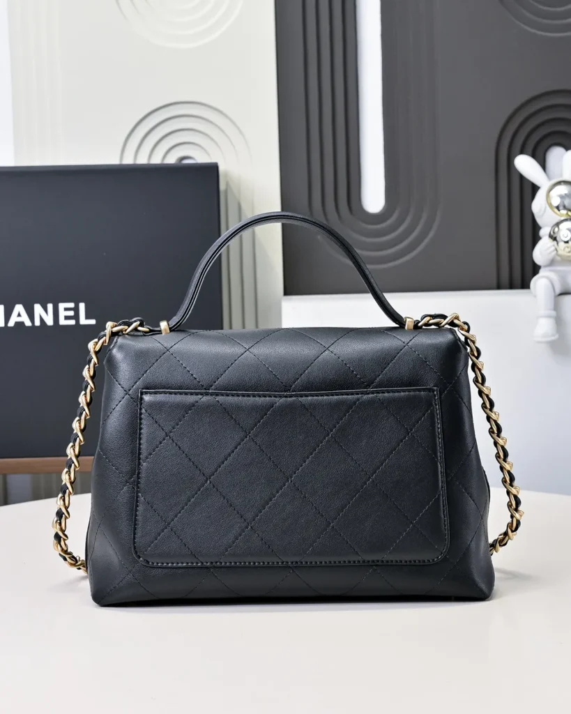 Black Quilted Top-Handle Flap Bag — rear view