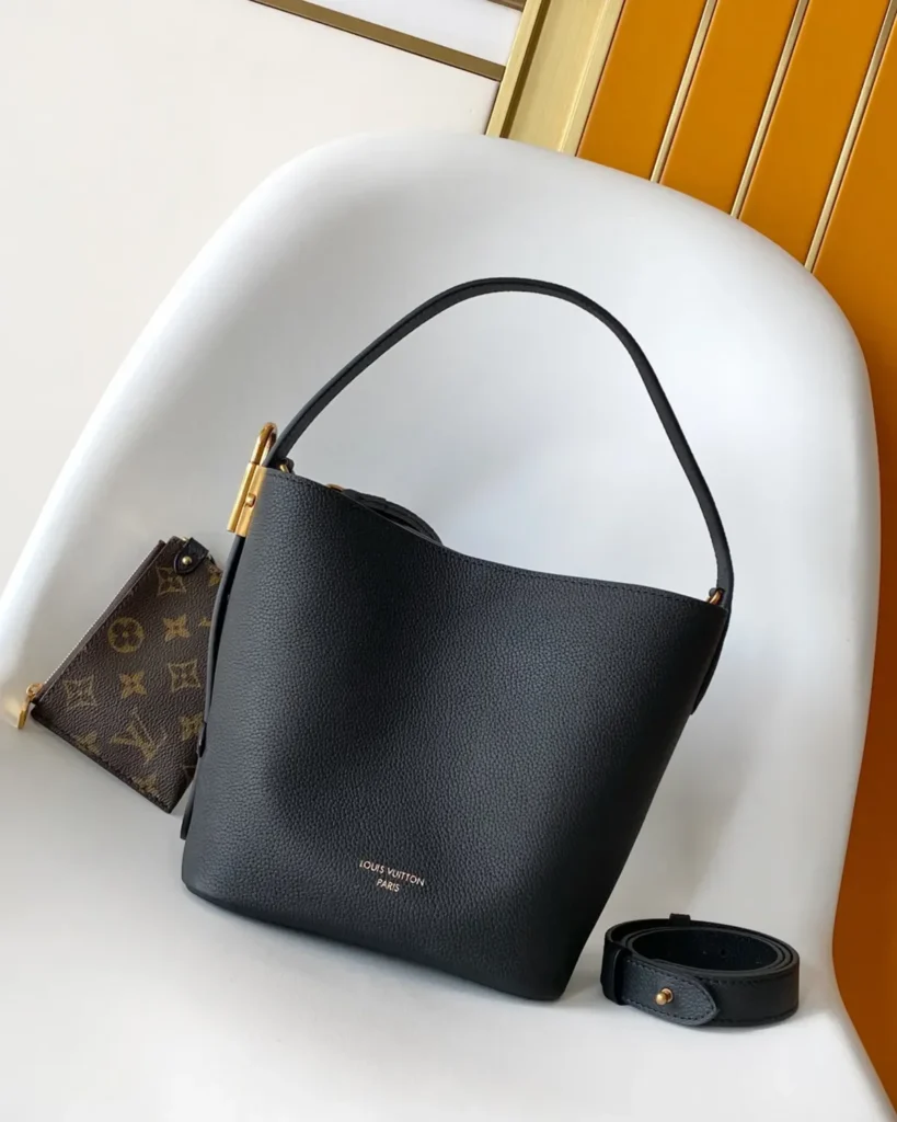 Black Curved Top Bucket Bag with Padlock — front view