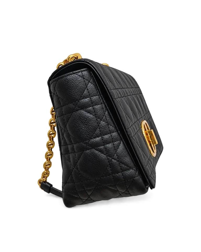 Black Quilted Flap Bag with Gold Tone Clasp — side view