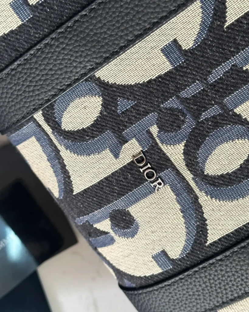 Beige Navy Monogram Zip Travel Tote — pattern detail view