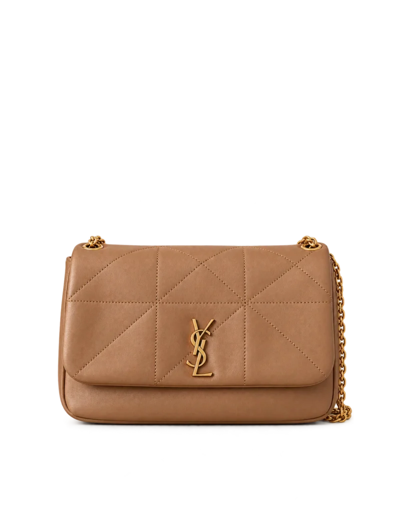 Upright front view of a caramel geometric-quilted flap bag with a gold-tone monogram and shoulder chain