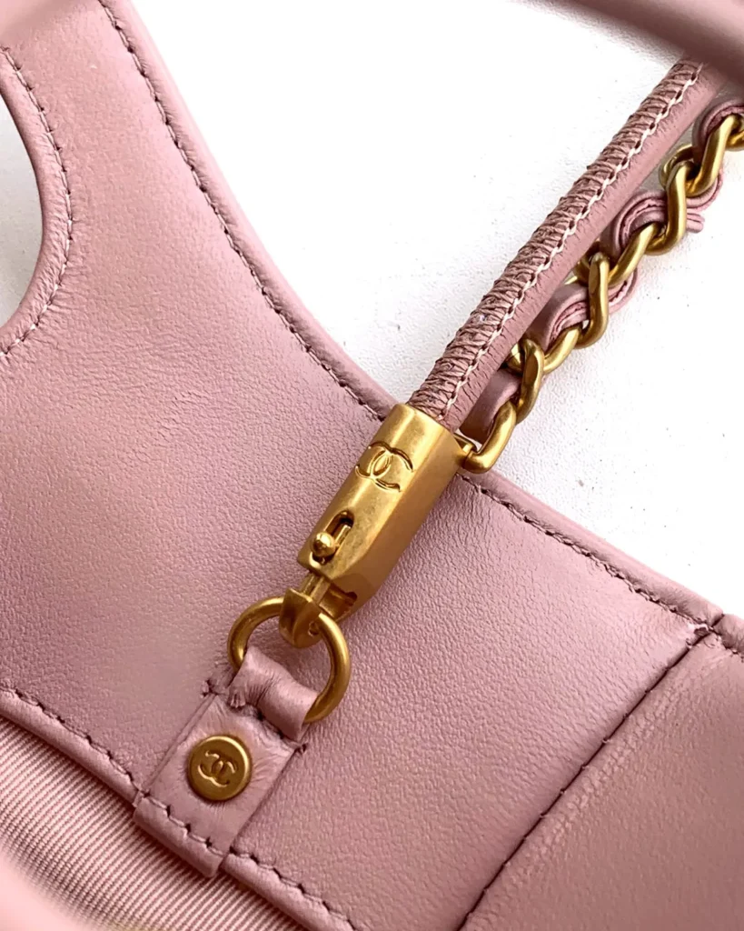 Pink Quilted Cutout-Handle Tote — chain detail view