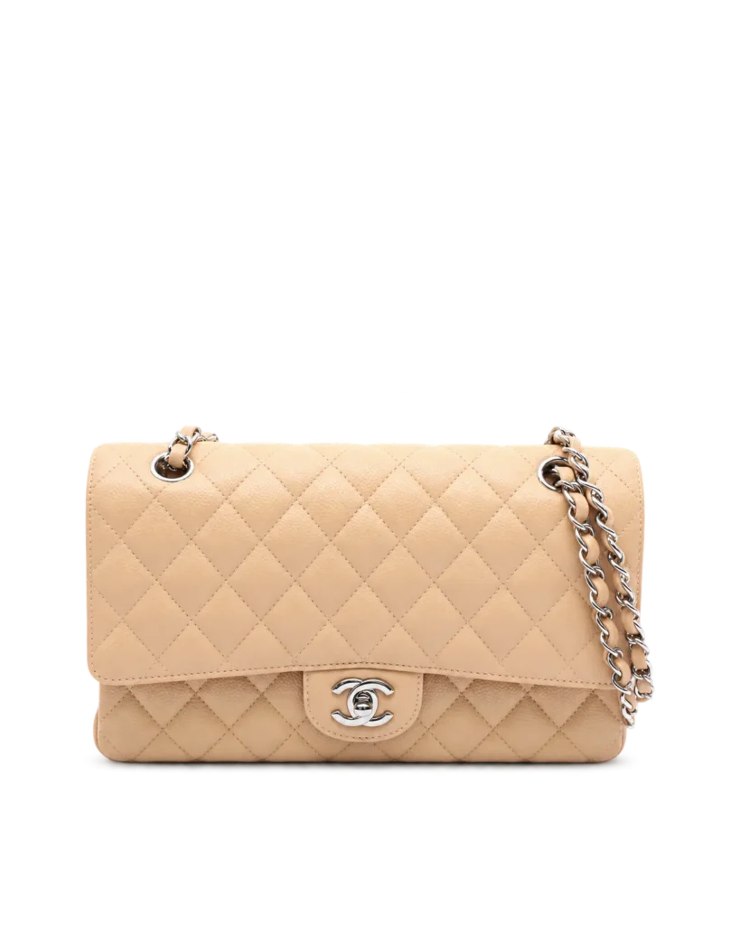 Beige Quilted Chain Flap Bag — main view