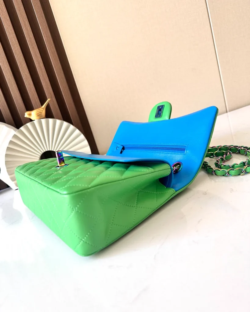 Bright Green Iridescent-Accent Flap Bag — open flap view