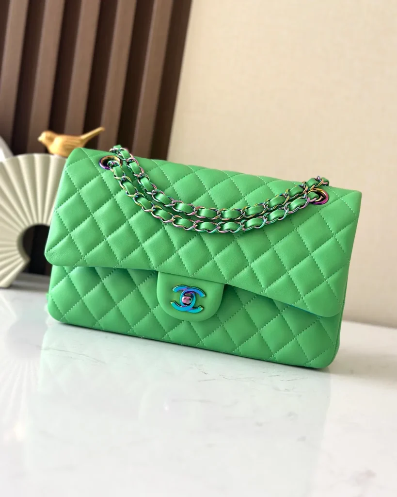 Bright Green Iridescent-Accent Flap Bag — front view