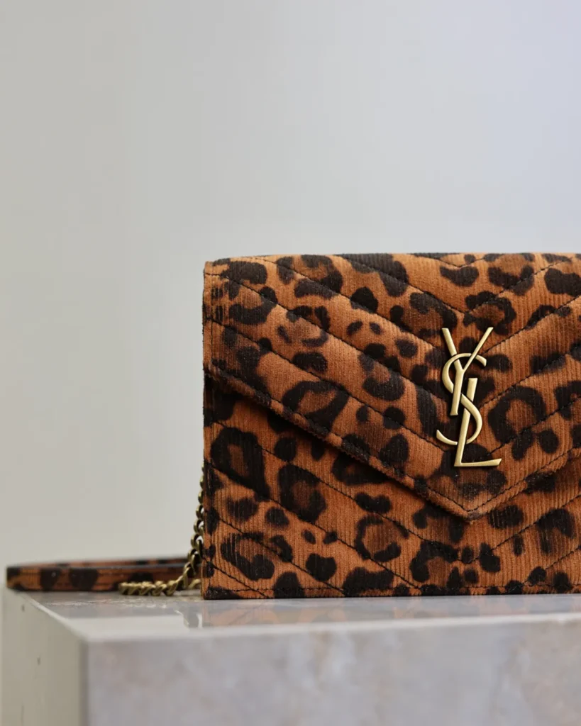 Leopard Print Envelope Chain Wallet — front detail view