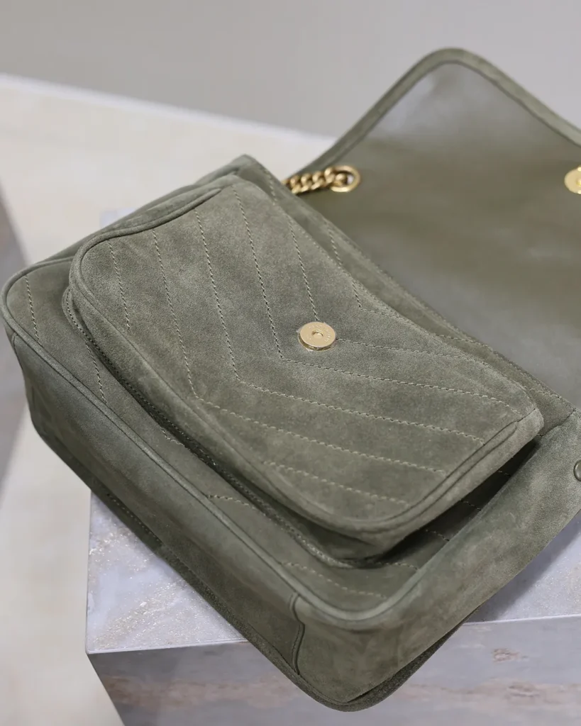 Olive Chevron Chain Flap Bag — open flap view