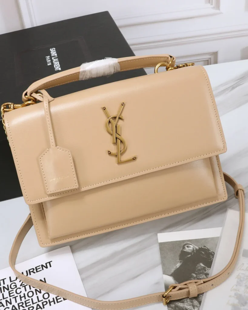Beige Accordion Chain Flap Bag — front view