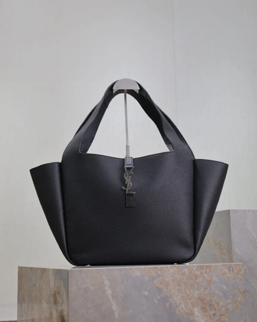 Black Grained-Look Wide Tote — front view