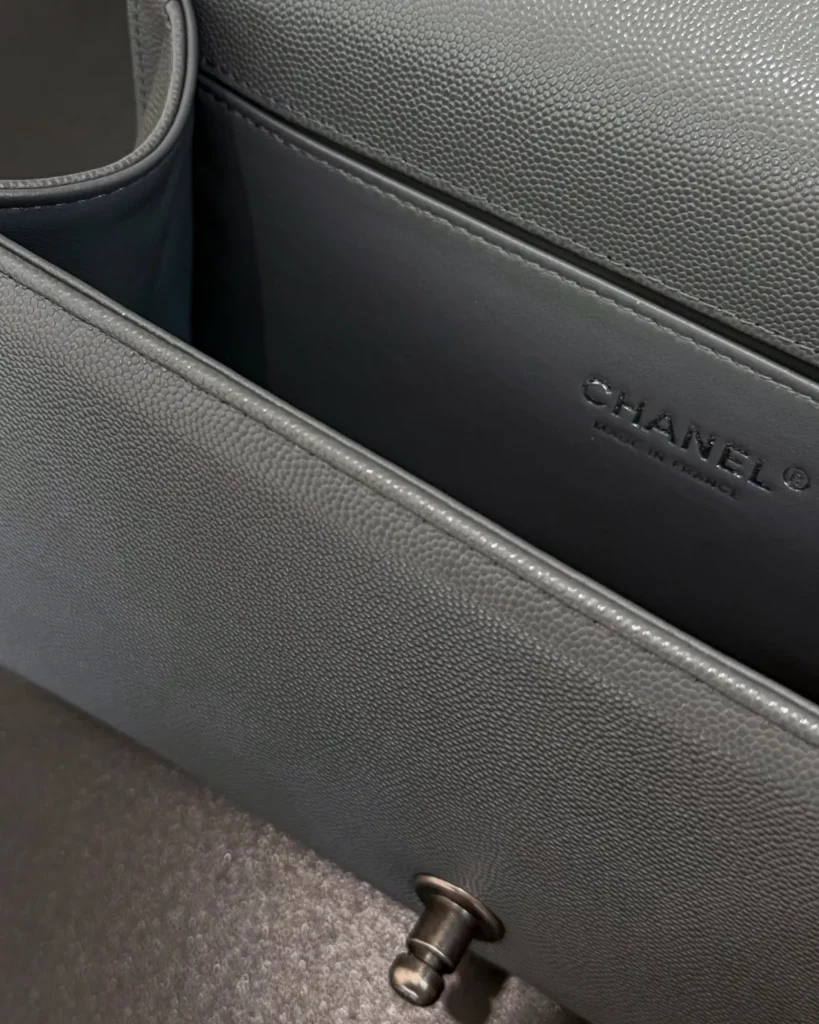 Charcoal Quilted Frame Flap Chain Bag — interior view