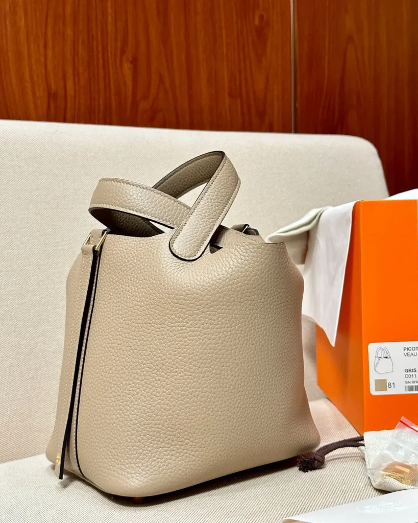 Picotin-Inspired 18 Beige Marfa Bucket Bag, side view