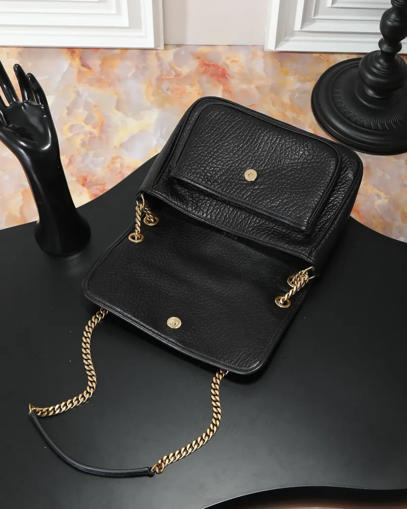 Black Pebbled Flap Chain Bag — open flap view
