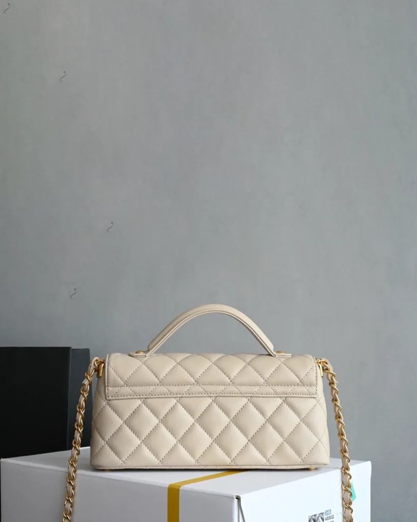 Pale Beige Quilted Top-Handle Flap Bag — rear view