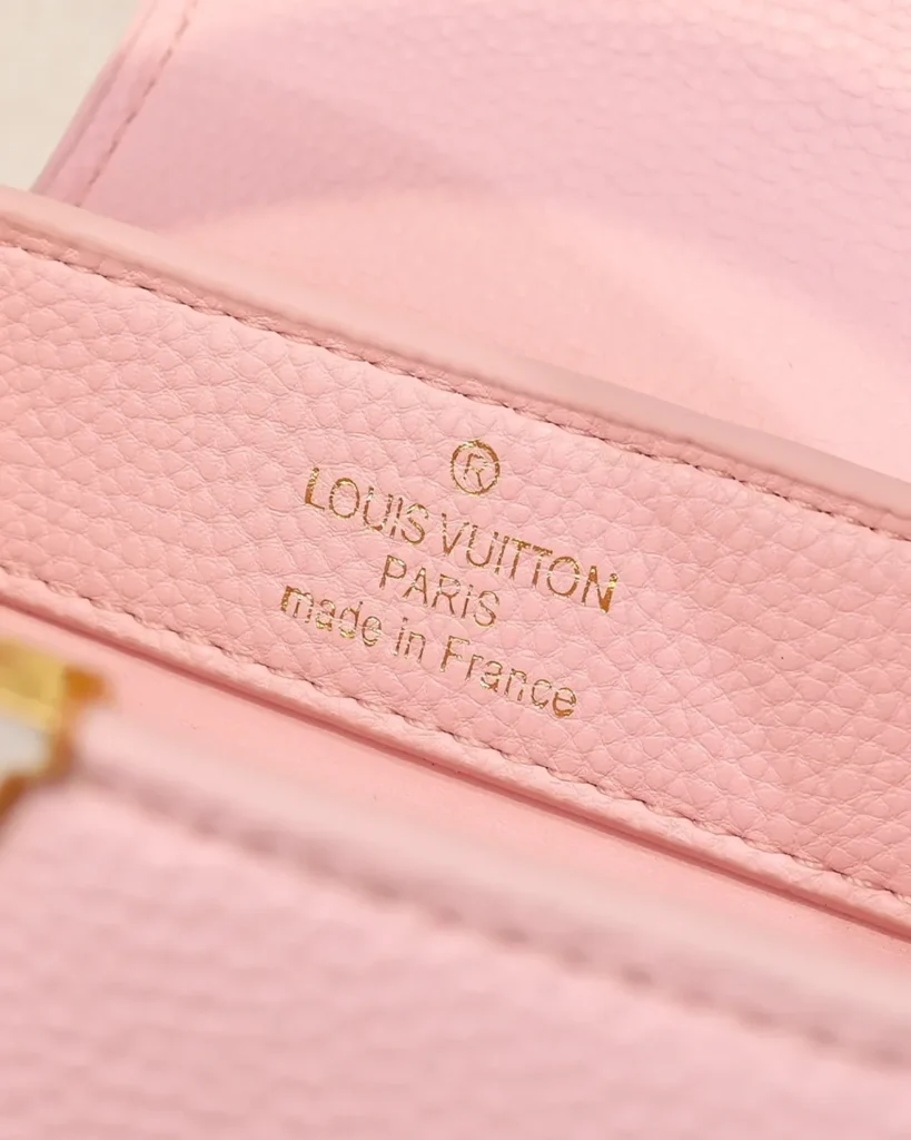 Pink Floral-Chain Top-Handle Bag — interior lettering view