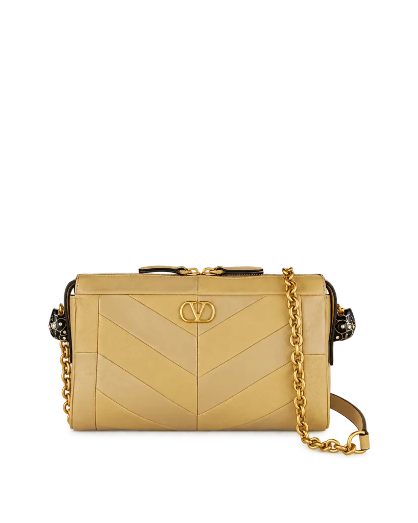 Beige Chevron Zip-Top Chain Bag — main view