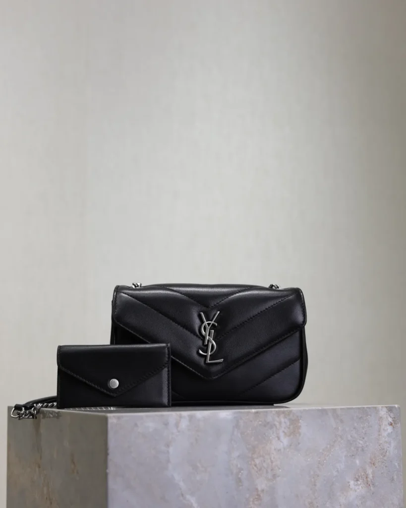 Black Chevron Flap Bag with Silver-Tone Chain — front with pouch view