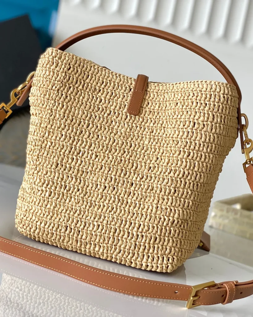 Straw-Tone Woven Bucket Bag with Tan Trim — rear view