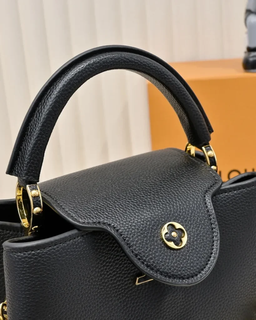 Black Floral-Chain Top-Handle Bag — flap detail view