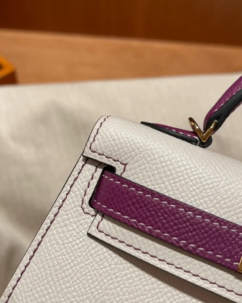 Kelly-Inspired 25 Craie and Rose Pourpre Bag, front corner view