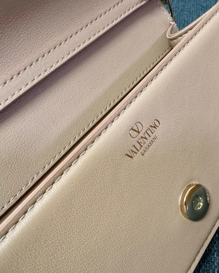 Beige Tonal-Ornament Flap Shoulder Bag — interior lettering view