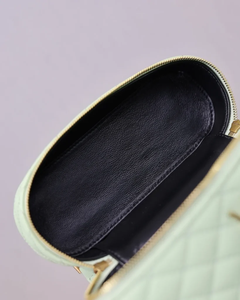 Pale Green Quilted Vanity Bag — open lid view